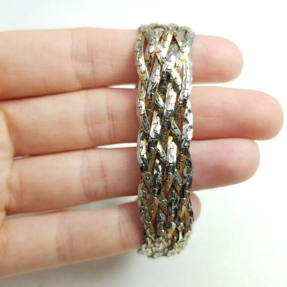 Vintage Braided Woven Silver Tone Chain Bangle Bracelet, Tab Clasp, Retro Estate - Picture 6 of 7